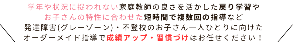 学年や状況に捉われない家庭教師の良さを活かした戻り学習やお子さんの特性に合わせた短時間での複数回の指導など、発達障害（グレーゾーン）・不登校のお子さん一人ひとりに向けたオーダーメイド指導で成績アップ・習慣づけはお任せください！