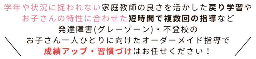 学年や状況に捉われない家庭教師の良さを活かした戻り学習やお子さんの特性に合わせた短時間での複数回の指導など、発達障害（グレーゾーン）・不登校のお子さん一人ひとりに向けたオーダーメイド指導で成績アップ・習慣づけはお任せください！