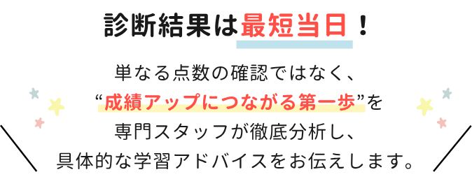 診断結果は最短当日！単なる点数の確認ではなく、成績アップにつながる第一歩を専門スタッフが徹底分析し、具体的なアドバイスをお伝えします。