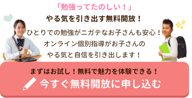 「勉強ってたのしい！」やる気を引き出す無料開放！ひとりでの勉強がニガテなお子さんも安心！
オンライン個別指導がお子さんのやる気と自信を引き出します！
