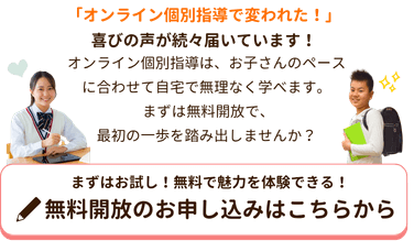 「オンライン個別指導で変われた!」
喜びの声が続々届いています!
やる気アシストのオンライン個別指導はお子さんのペースに合わせて自宅で無理なく学べます。
無料開放のお申し込みはこちらから