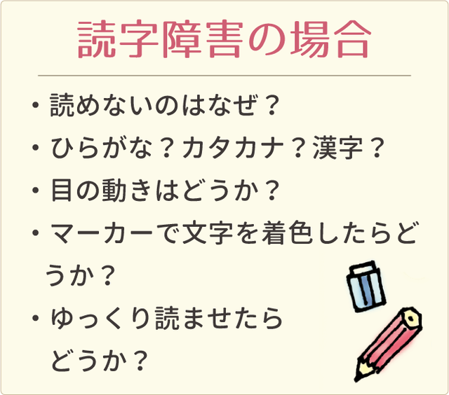 読字障害の場合チェックシート　□読めないのはなぜ？□ひらがな？カタカナ？漢字？□目の動きはどう？□マーカーで文字を着色したらどうか？□ゆっくり読ませたらどうか？