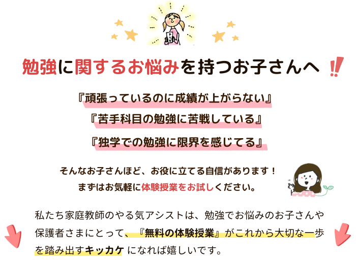 勉強に関するお悩みを持つお子さんへ 「頑張っているのに成績が上がらない」「苦手科目の勉強に苦戦している」「独学での勉強に限界を感じてる」 そんなお子さんほど、お役に立てる自信があります。まずはお気軽に体験授業をお試しください。