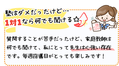 塾はダメだったけど、1対1なら何でも聞ける！
質問することが苦手だったけど、家庭教師は何でも聞けて、私にとって先生は心強い存在です。毎週指導日がとっても楽しみです！