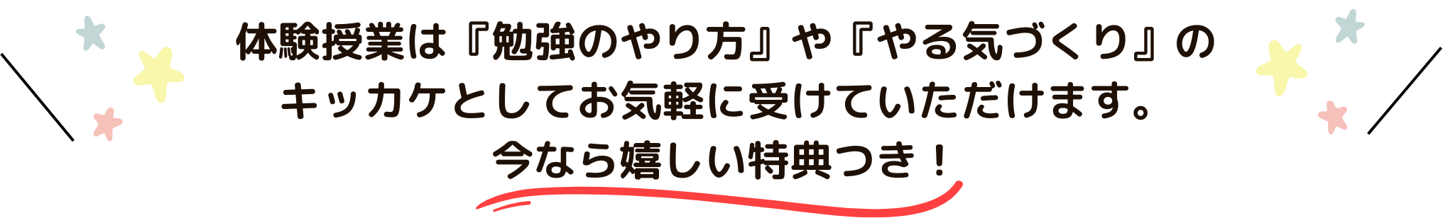 体験授業は「勉強のやり方」や「やる気づくり」のキッカケとしてお気軽に受けていただけます。今なら嬉しい特典つき！