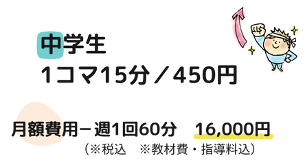 中学生のお子さんは1コマ30分で875円、週1回60分の指導で15200円！