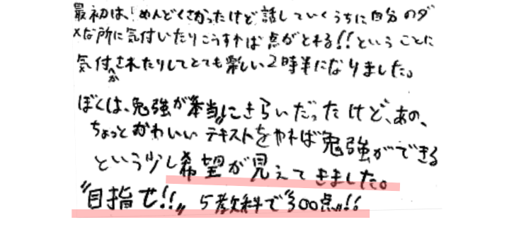 最初はめんどくさかったけど話していくうちに自分のダメな所に気付いたりこうすれば点がとれる！ということに気付かされたりしてとても楽しい2時間半になりました。
ぼくは勉強が本当にきらいだったけど、あのちょっとかわいいテキストをやれば勉強ができるという少し希望が見えてきました。目指せ！5教科で300点！