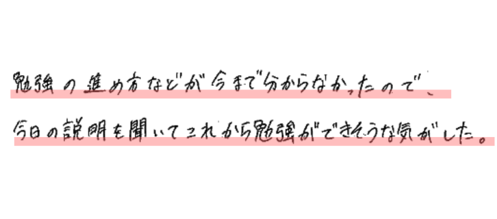 勉強の進め方などが今まで分からなかったので、今日の説明を聞いて、これから勉強ができそうな気がした。