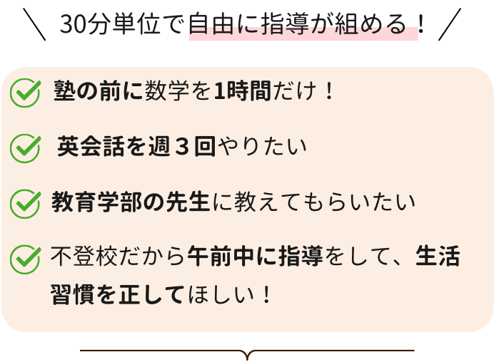 30分単位で自由に指導が組める！・塾の前に数学を1時間だけ！・英会話を週3回やりたい・教育学部の先生に教えてもらいたい・不登校だから午前中に指導して、生活習慣を正してほしい！