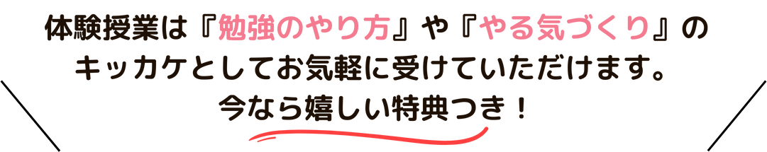 体験授業は「勉強のやり方」や「やる気づくり」のキッカケとしてお気軽に受けていただけます。今なら嬉しい特典つき！