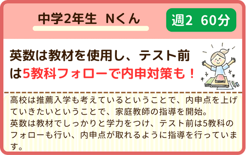 中学2年生Nくん 週2/60分、英数は教材を使用し、テスト前は5教科フォローで内申対策も！高校は推薦入学も考えているということで、内申点を上げていきたいということで、家庭教師の指導を開始。英数は教材でしっかりと学力をつけ、テスト前は5教科のフォローも行い、内申点が取れるように指導を行っています。