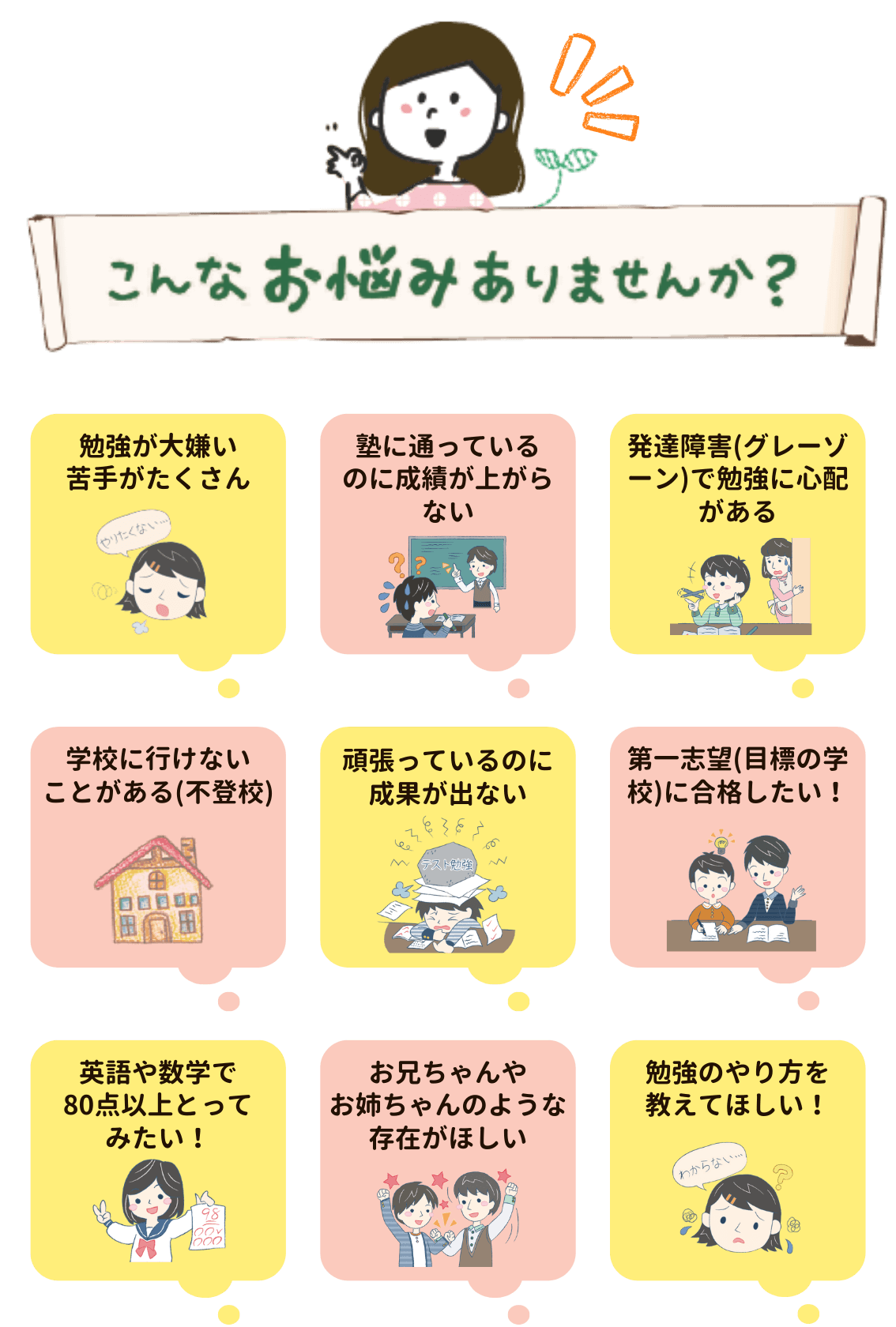 家庭教師のやる気アシストは長崎県で「頑張っているのに成果が出ない」「塾に通っているのに成績が上がらない」「勉強が大嫌い苦手がたくさん」「学校に行けないことがある(不登校)」「発達障害(グレーゾーン)で勉強に心配がある」「英語や数学で80点以上とってみたい！」「第一志望（目標の学校）に合格したい！」「勉強のやり方を教えて欲しい！」「お兄ちゃんやお姉ちゃんのような存在がほしい」お子さんへのお悩みを解決しています。