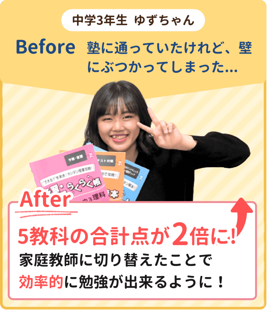 塾に通ってたけれど、壁にぶつかってしまった中学校3年生のゆずちゃんが家庭教師に切り替えたことで効率的に勉強ができるように！5教科の合計点が2倍になりました！
