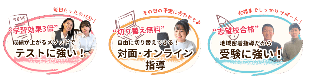 長崎県でやる気アシストが選ばれる理由3選！
1：”学習効果3倍”成績が上がるメソッドで「テストに強い！」
2：無料で自由に切り替えできる！「対面指導・オンライン指導」
3：地域密着指導だから「受験に強い！」