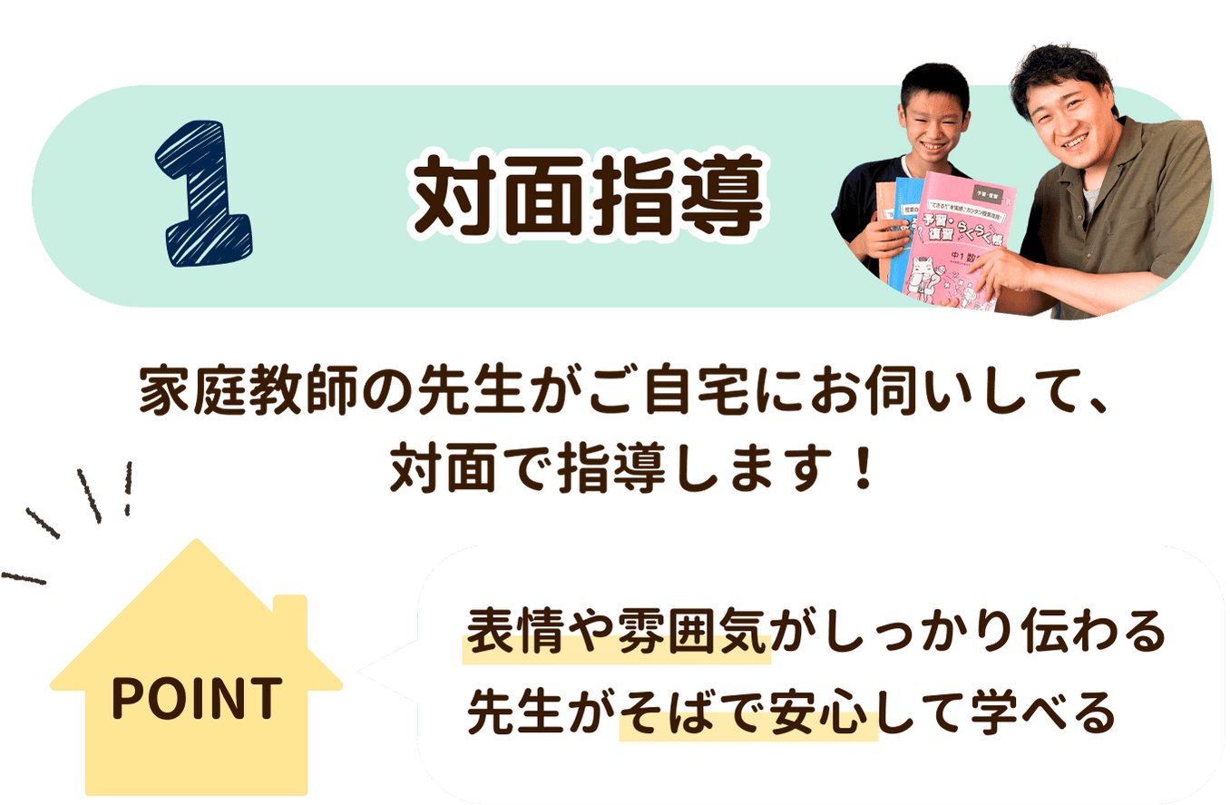 対面指導なら家庭教師の先生がご自宅にお伺いして対面で指導します！表情や雰囲気が伝わりやすく、コミュニケーションが取りやすいです。なにより隣に先生がいるという安心感があります！