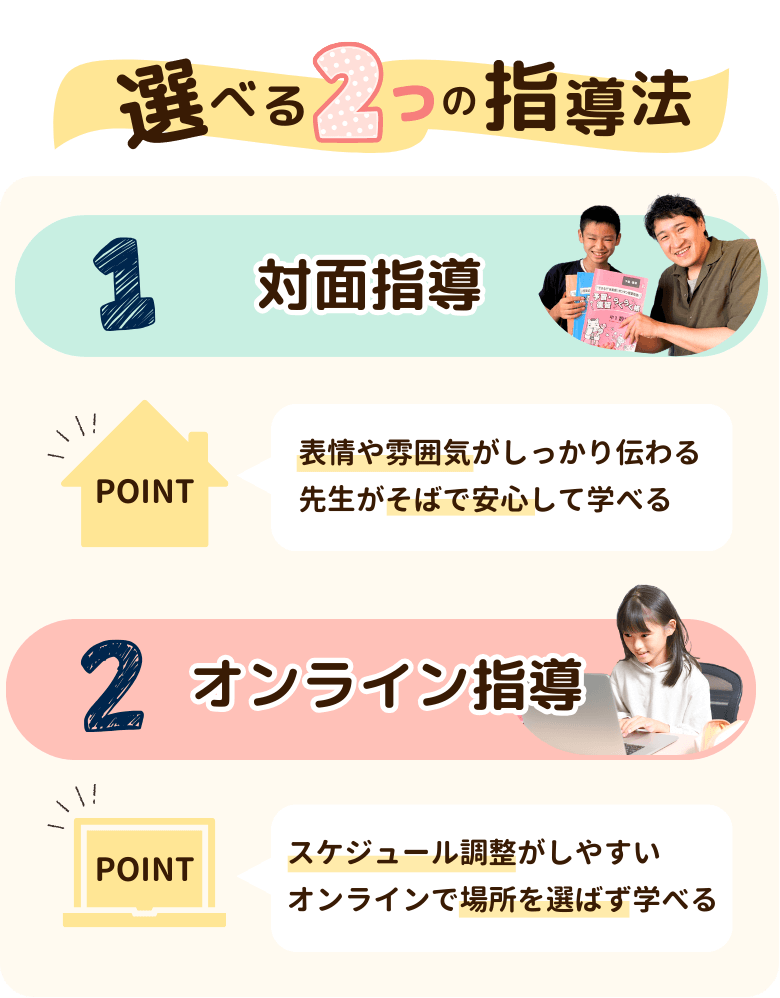 やる気アシストの選べる２つの指導法
対面指導なら家庭教師の先生がご自宅にお伺いして対面で指導します！表情や雰囲気が伝わりやすく、コミュニケーションが取りやすいです。なにより隣に先生がいるという安心感があります！
オンライン指導はスマホやタブレットなどを使用して、オンラインで指導します！スケジュールが調節しやすく、短時間の指導も可能なので気軽に受けることができます。オンラインなので場所も選びません！