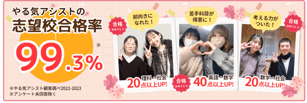 やる気アシストの志望校合格率は99.3％！合格の声がたくさん届いています！