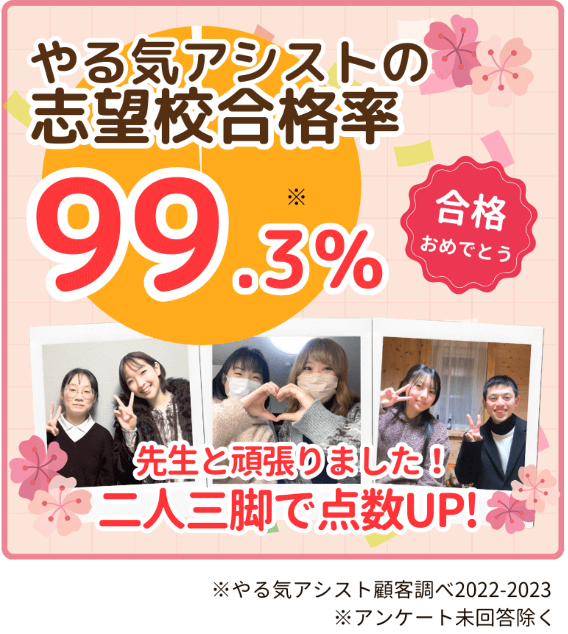 やる気アシストの志望校合格率は99.3％！合格の声がたくさん届いています！
