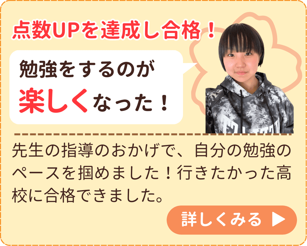 先生の指導のおかげで、自分の勉強のペースを掴めました！行きたかった高校に合格できました。
