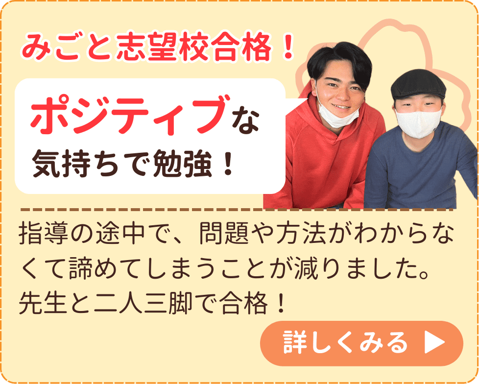 指導の途中で、問題や方法がわからなくて諦めてしまうことが減りました。
先生と二人三脚で合格！