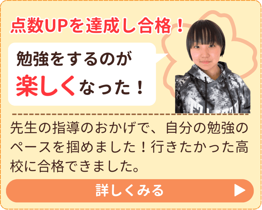 先生の指導のおかげで、自分の勉強のペースを掴めました！行きたかった高校に合格できました。