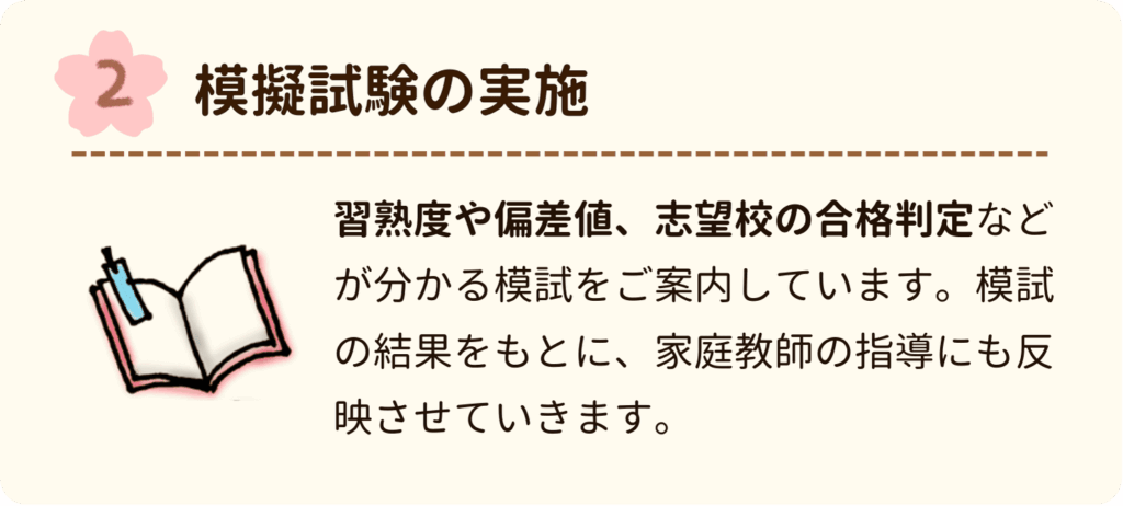 模擬試験の実施
習熟度や偏差値、志望校の合格判定などが分かる模試をご案内しています。模試の結果をもとに、家庭教師の指導にも反映させていきます。
