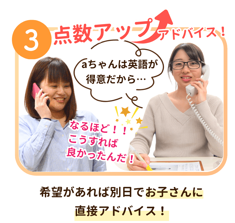 ③点数アップアドバイス！希望があれば別日でお子さんに直接アドバイス！