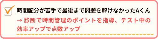 時間配分が苦手で最後まで問題を解けなかったAくんは、診断で時間管理のポイントを指導、テスト中の効率アップで点数アップ