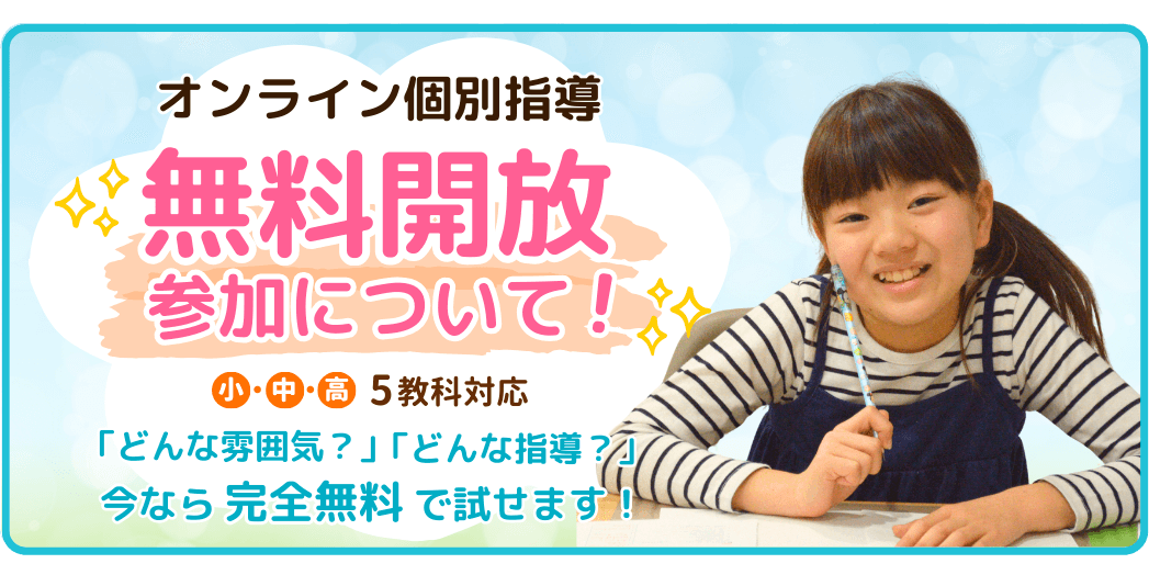 オンライン個別指導 無料開放参加について！小中高5教科対応 「どんな雰囲気？」「どんな指導？」今なら完全無料で試せます！