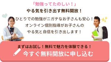 「勉強ってたのしい！」やる気を引き出す無料開放！ひとりでの勉強がニガテなお子さんも安心！
オンライン個別指導がお子さんのやる気と自信を引き出します！