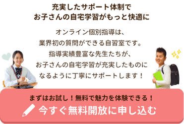 充実したサポート体制で
お子さんの自宅学習がもっと快適に
オンライン個別指導は、業界初の質問ができる自習室です。
指導実績豊富な先生たちが、お子さんの自宅学習が
充実したものになるように丁寧にサポートします！
まずはお試し！無料開放で安心のサポート体制を体感！今すぐ無料開放に申し込む