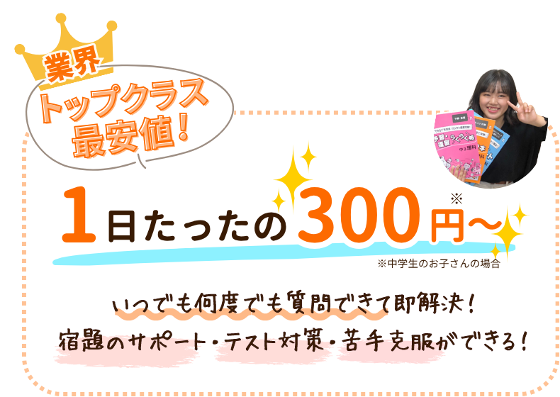 業界トップクラス最安値!
1日たったの300円~
いつでも何度でも質問できて即解決!
宿題のサポート・テスト対策・苦手克服ができる!
オンライン個別指導の料金について|家庭教師のやる気アシスト